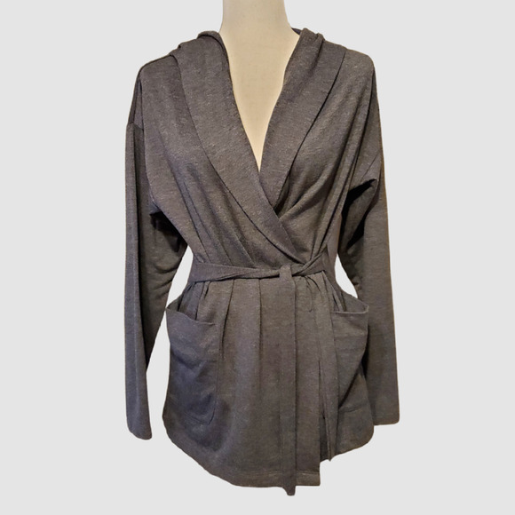 Jones New York‎ Gray Wrap Sweater Hoodie Jacket Size M Medium Pockets Belt - Picture 1 of 8